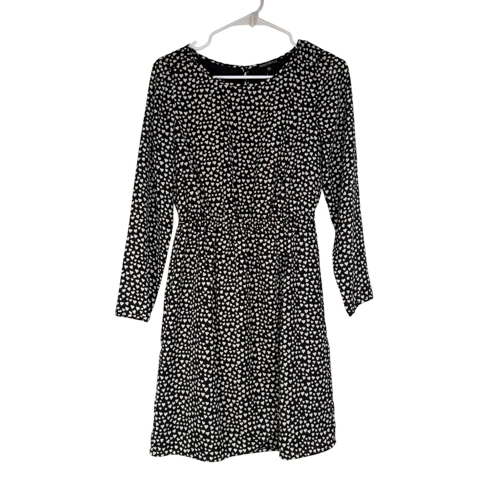 J.Crew Mercantile Womens Black White Heart Print Long Sleeve Dress Size 00‎